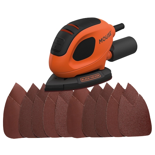 An orange and black BLACK+DECKER Mouse detail sander with several triangular sanding sheets displayed in front of it, suitable for woodworking and home improvement projects.