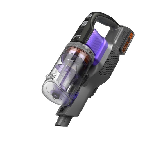 A BLACK+DECKER handheld cordless vacuum cleaner with a transparent dust container and a purple filter, shown against a white background.