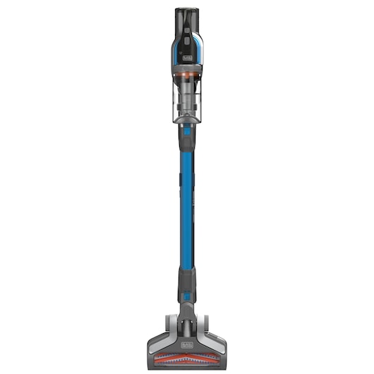 Cordless upright vacuum cleaner with a blue extension tube and transparent dust container, shown standing upright against a white background.