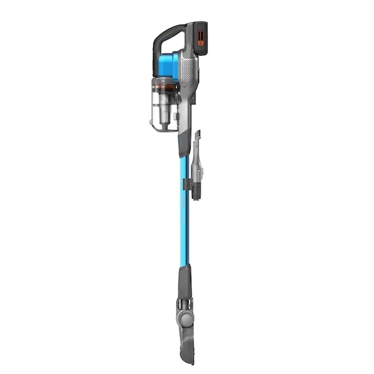 A cordless stick vacuum cleaner with a blue shaft, black and silver handle, transparent dust container, and attached cleaning accessories, shown on a white background.