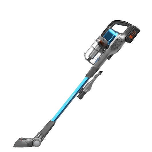 A cordless stick vacuum cleaner with a blue shaft, transparent dust container, and black handle.