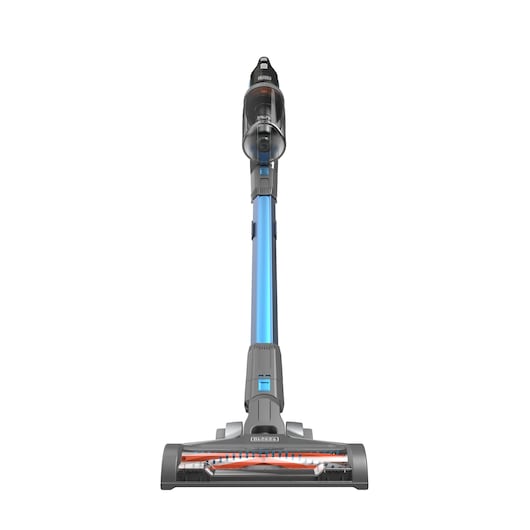 A front view of a BLACK+DECKER stick vacuum cleaner with a blue tube and a transparent dust container, shown on a white background.