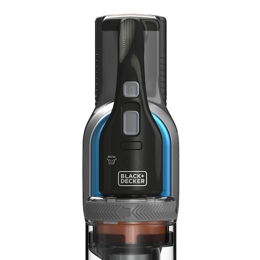 Front view of a BLACK+DECKER handheld vacuum cleaner with a visible filter and buttons on the handle.
