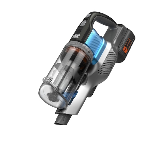 A cordless handheld vacuum cleaner with a transparent dust container and a visible battery pack, featuring a modern design in black, silver, and blue colors.