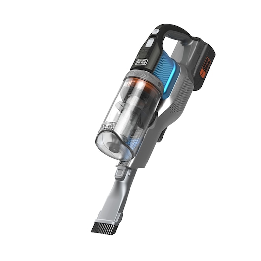 A BLACK+DECKER cordless handheld vacuum cleaner with a transparent dustbin and a slim nozzle attachment, shown against a white background.