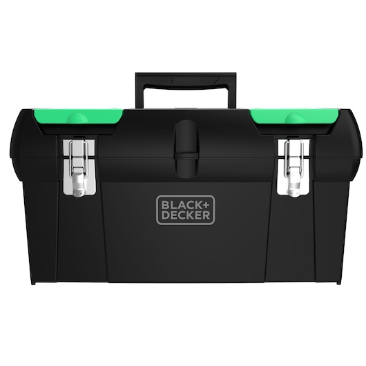 BLACKDECKER BDST60120 black toolbox with metal latches and green compartments, front angle, white background.