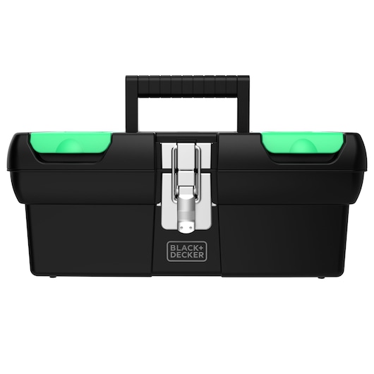 BLACK+DECKER BDST19120 black plastic toolbox with central metal latch and green side organizers, front view.