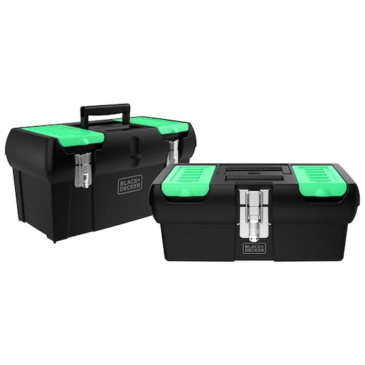 BLACK+DECKER BDST60120 black toolboxes with green lids and metal latches, front and angled views.
