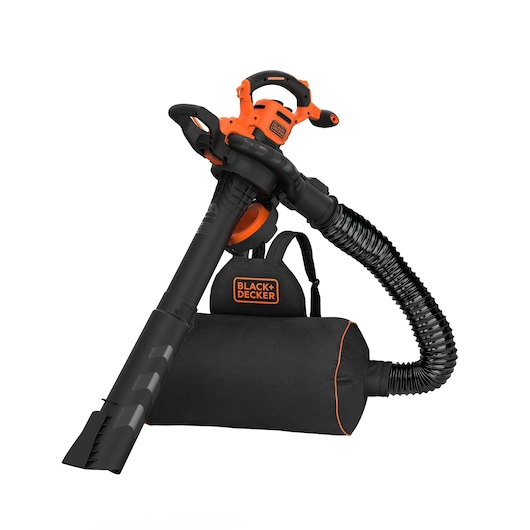 A BLACK+DECKER BEBLV300 leaf blower and vacuum, featuring an orange and black design with a long nozzle, flexible hose, and attached collection bag with the BLACK+DECKER logo.