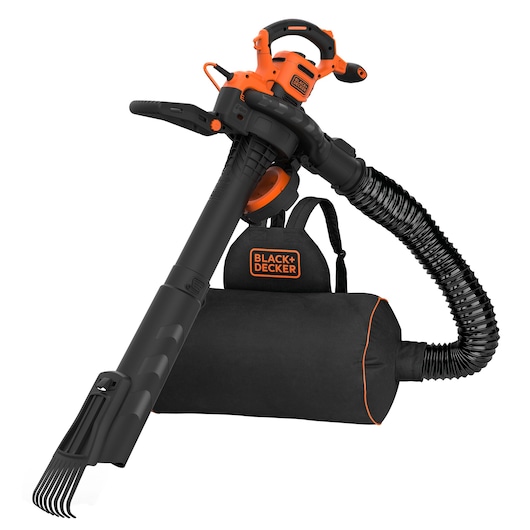 A BLACK+DECKER branded leaf blower and vacuum with an orange and black color scheme. The device features a large collection bag attached via a flexible hose and a handle for easy operation.