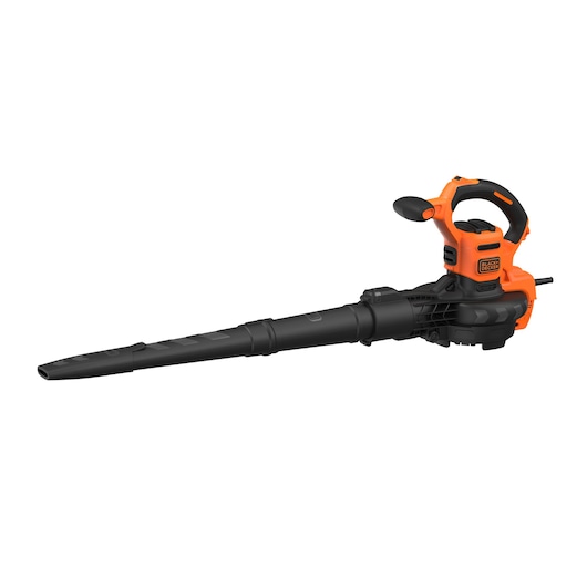 A BLACK+DECKER electric leaf blower and vacuum, model BEBLV301, with an orange and black design.