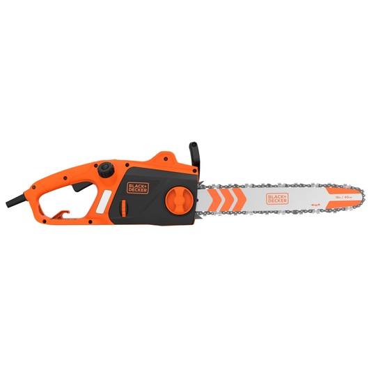 Photo of BLACKDECKER BECS2040 electric chainsaw, orange and black, side view, 16-inch bar.