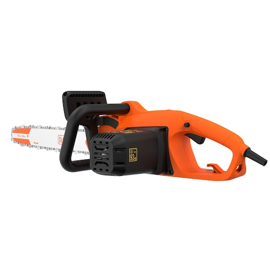 Photo of BLACKDECKER BECS2245 electric chainsaw, orange and black, side angle, visible bar and chain.