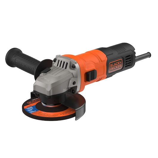 A BLACK+DECKER electric angle grinder featuring an orange and black body, a side handle, and a protective guard over the cutting disc.