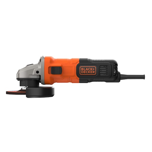 A BLACK+DECKER electric angle grinder with an orange and black body, shown in a side view.