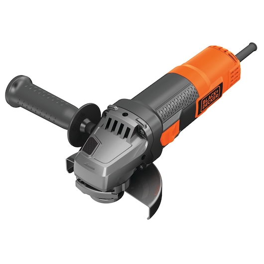 A BLACK+DECKER angle grinder with an orange and black body, side handle, and protective guard around the grinding disc. The tool is shown on a white background.