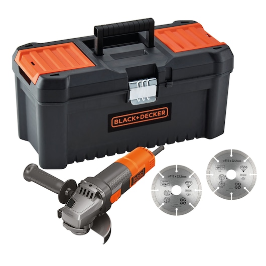 A BLACK+DECKER toolkit is shown, featuring a black and orange toolbox, an electric angle grinder with a side handle, and two metal grinding discs.