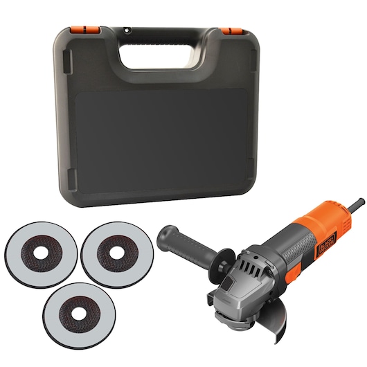 A BLACK+DECKER angle grinder set, including an orange and black electric angle grinder, three grinding discs, and a sturdy black carrying case.