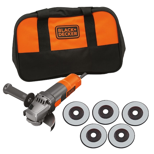 BLACK+DECKER angle grinder kit including an orange and black carrying bag, an angle grinder tool, and five grinding discs.
