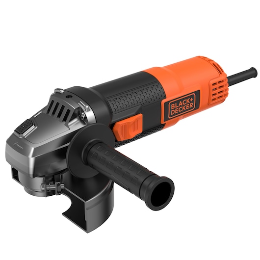 BLACKDECKER BEG220 angle grinder with black side handle, orange and black casing, front angle view.