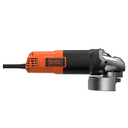 BLACKDECKER BEG220 angle grinder, orange and black, side view on white background.