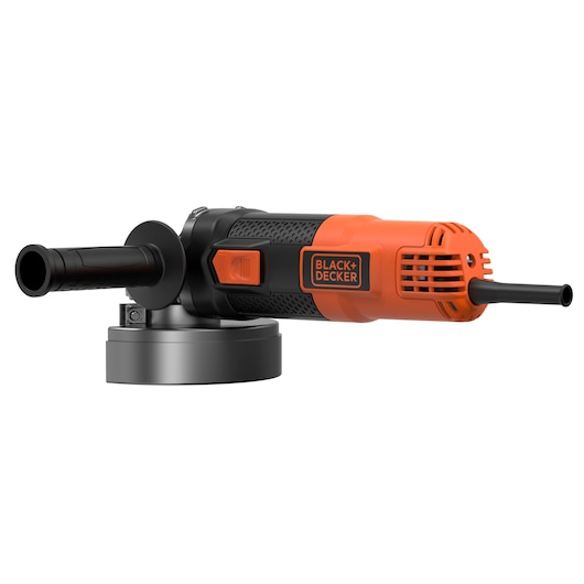 BLACKDECKER BEG220 angle grinder, black and orange, side view on white background.