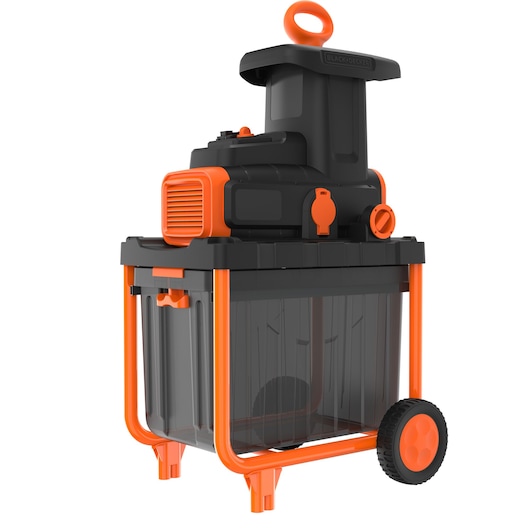 A BLACK+DECKER garden shredder with a black and orange design, featuring a transparent collection bin and two wheels for easy mobility.