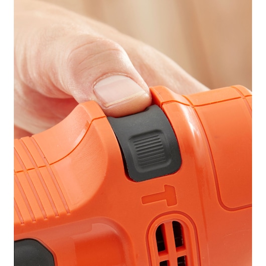 BLACKDECKER BEH200K drill close-up showing textured black switch and orange casing.