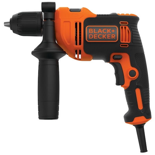 BLACKDECKER BEH550K corded orange and black hammer drill, side view, with side handle