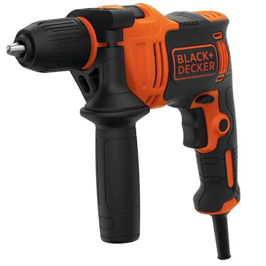 BLACK+DECKER BEH550 corded drill with side handle, orange and black, front angle on white background.