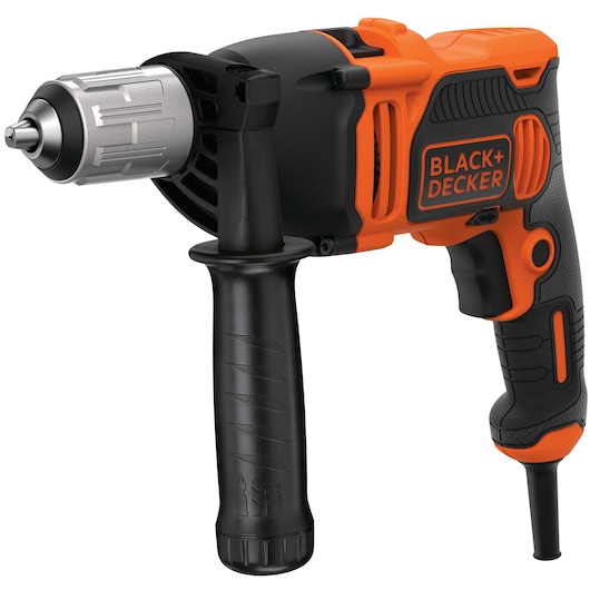 A BLACK+DECKER electric drill with an ergonomic black and orange design, featuring a side handle for extra control and a metallic drill chuck.