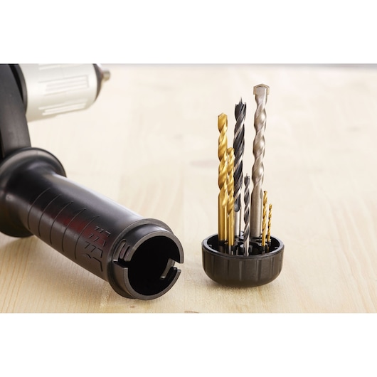 BLACKDECKER BEH850 drill handle and accessory holder with assorted drill bits on light wood surface, close-up angle.