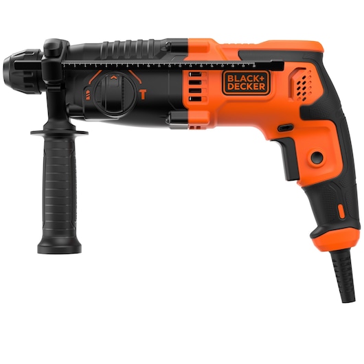 BLACK+DECKER electric hammer drill with side handle, black and orange color, shown from the side.