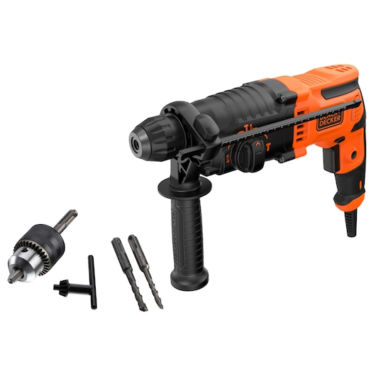 A BLACK+DECKER electric drill with an ergonomic handle, shown with two drill bits, a chuck, and a chuck key. The drill is black and orange and appears suitable for heavy-duty use.
