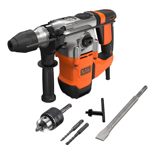 A BLACK+DECKER rotary hammer drill with accessories, including a keyed chuck, two drill bits, a chisel bit, and a chuck key, displayed on a white background.