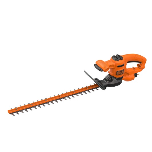 BLACKDECKER BEHT251 orange and black hedge trimmer, side angle, with long dual-action blade.