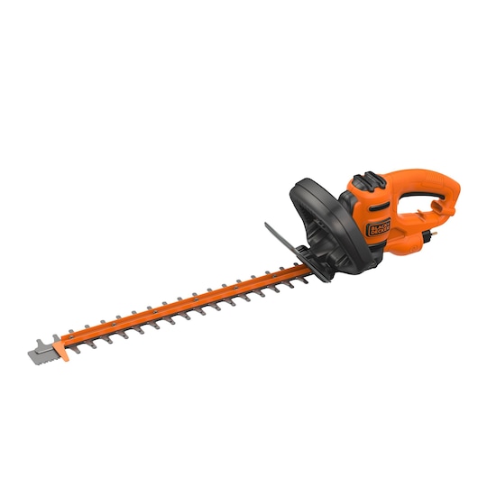 An orange and black electric hedge trimmer with a long blade and ergonomic handle, designed for cutting and shaping hedges.