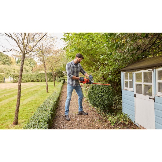 Person trimming hedge outdoors with BLACKDECKER BEHTS301 hedge trimmer next to a blue garden shed.