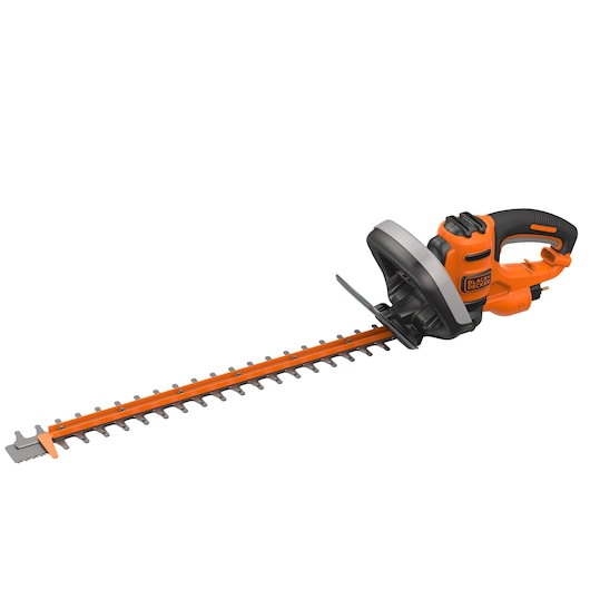 A BLACK+DECKER electric hedge trimmer with an orange and black design, featuring a long blade and ergonomic handle.
