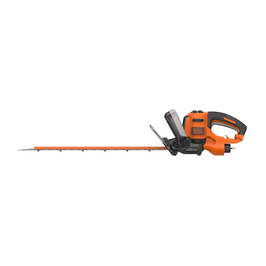 A BLACK+DECKER orange and black electric hedge trimmer with a long blade and ergonomic handle, shown on a white background.