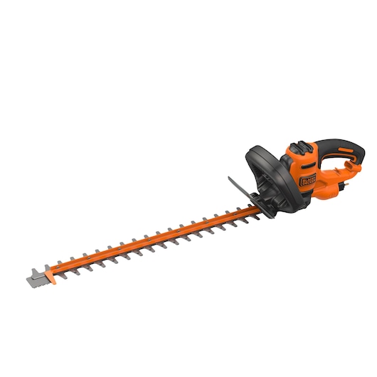 Photo of BLACKDECKER BEHTS501 orange and black electric hedge trimmer, angled view on white background.