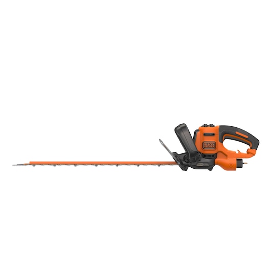 BLACKDECKER BEHTS501 orange and black hedge trimmer side angle, visible blade and ergonomic handle.