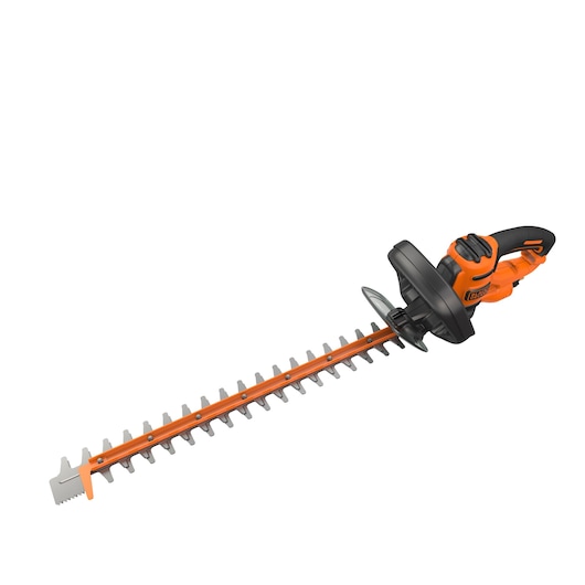 BLACKDECKER BEHTS501 hedge trimmer, orange and black, angled view on white background.