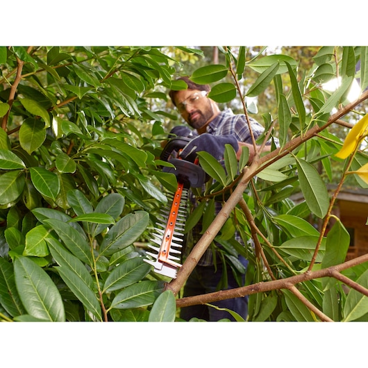 BLACKDECKER BEHTS501 hedge trimmer cutting thick leafy branches outdoors.