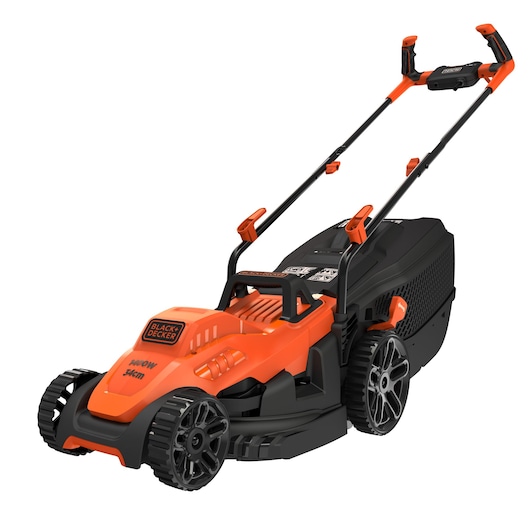 BLACKDECKER BEMW461BH orange and black electric lawn mower, front angle, with ergonomic handle.