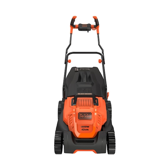 Front view of a BLACK+DECKER electric lawn mower with an orange and black design, displaying 1800W power and a 42cm cutting width.