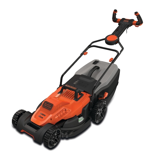 A BLACK+DECKER electric lawn mower with an orange and black design, featuring a grass collection box at the back and a steering handle with ergonomic grips.