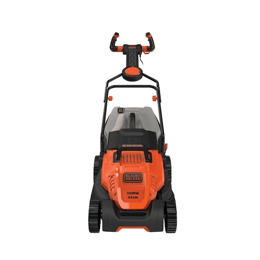 Front view of a BLACK+DECKER electric lawn mower, model BEMW481ES, featuring an orange and black body with a 1800W engine and a 42 cm cutting width.