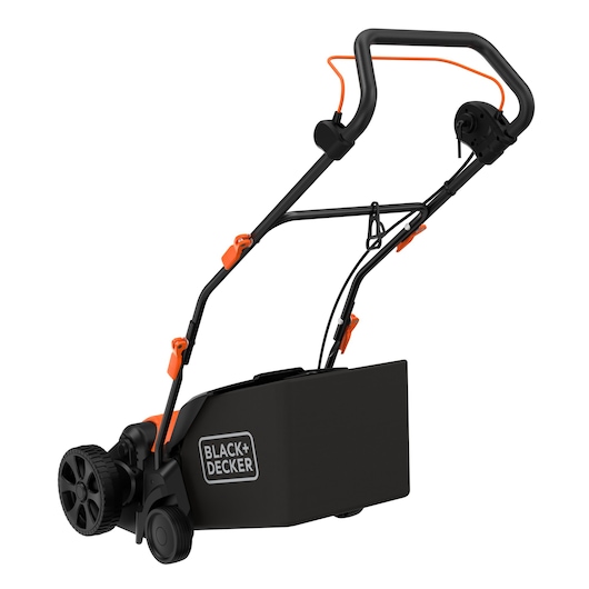 A BLACK+DECKER electric lawn mower with a black and orange handle, large rear wheels, and a grass collection box attached.