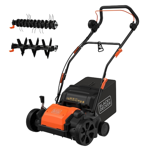 BLACK+DECKER BEOEP320-QS electric lawn scarifier with two interchangeable roller attachments, front angle on white background.